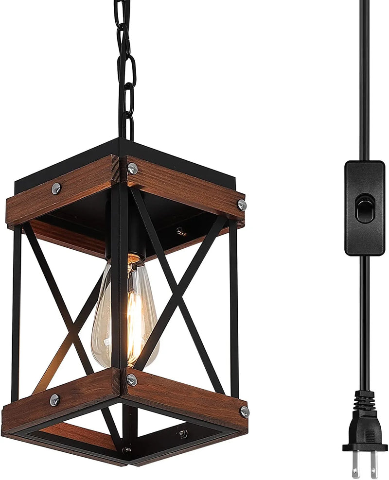 Fivess Lighting Rustic Farmhouse Pendant Light with Wood and Metal Cage, One-Light Adjustable Chains Industrial Mini Pendant Lighting Fixture for Kitchen Island Cafe Bar, Black