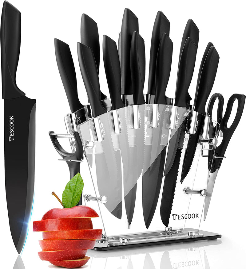 Knife Set, 16Pcs Kitchen Knife Set High Carbon Stainless Steel, Chef Knife, 6 Serrated Steak Knives, Scissors, Peeler & Knife Sharpener with Acrylic Stand , Easy-Grip Handle, Rust-Proof