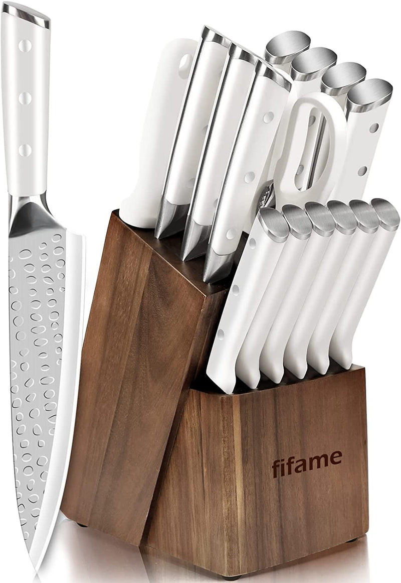 Knife Set with Block, 16-Piece Kitchen Knife Set, Manual Sharpener for Chef Knife Set, German High-Carbon Stainless Steel & Ultra Sharp Full Tang Forged Knives - White Home & Garden > Kitchen & Dining > Kitchen Tools & Utensils > Kitchen Knives fifame White  