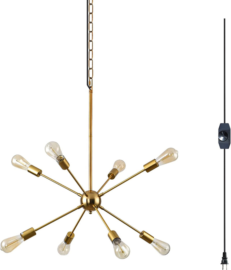 HOXIYA Dimmable 26.3" Modern Plug in Sputnik Chandelier with Cord, Brushed Brass 8-Lights Pendant Light Fixture, Midcentury Hanging Ceiling Lighting for Foyer, Entryway, Bedroom, Dining Room, Kitchen Home & Garden > Lighting > Lighting Fixtures > Chandeliers HOXIYA Brass Plug In 8-Light 
