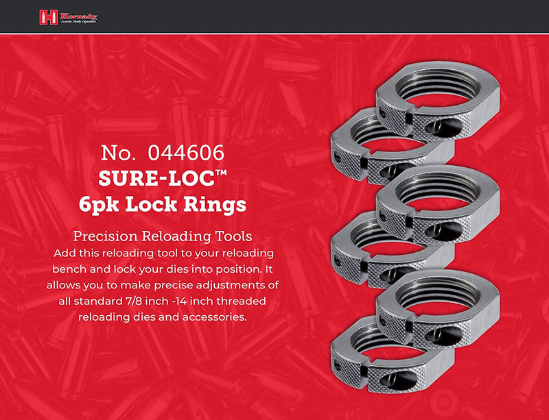 Hornady Sure-Loc Lock Rings, 6 Pack, 044606 - Fits on Standard 7/8 -14 Inch Threaded Dies & Accessories - Splint Ring Design Die Lock Rings Applies Constant Pressure & Wrench Flats for Easy On/Off