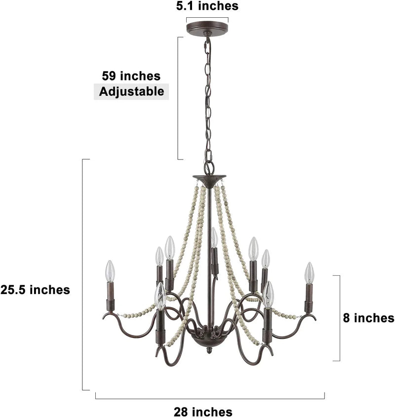 LALUZ Farmhouse Chandelier for Dining Room, 9-Light Rustic Chandelier with Wood Bead Strings, Bronze Metal Arms, 28” L X 25.5” H Home & Garden > Lighting > Lighting Fixtures > Chandeliers LALUZ   