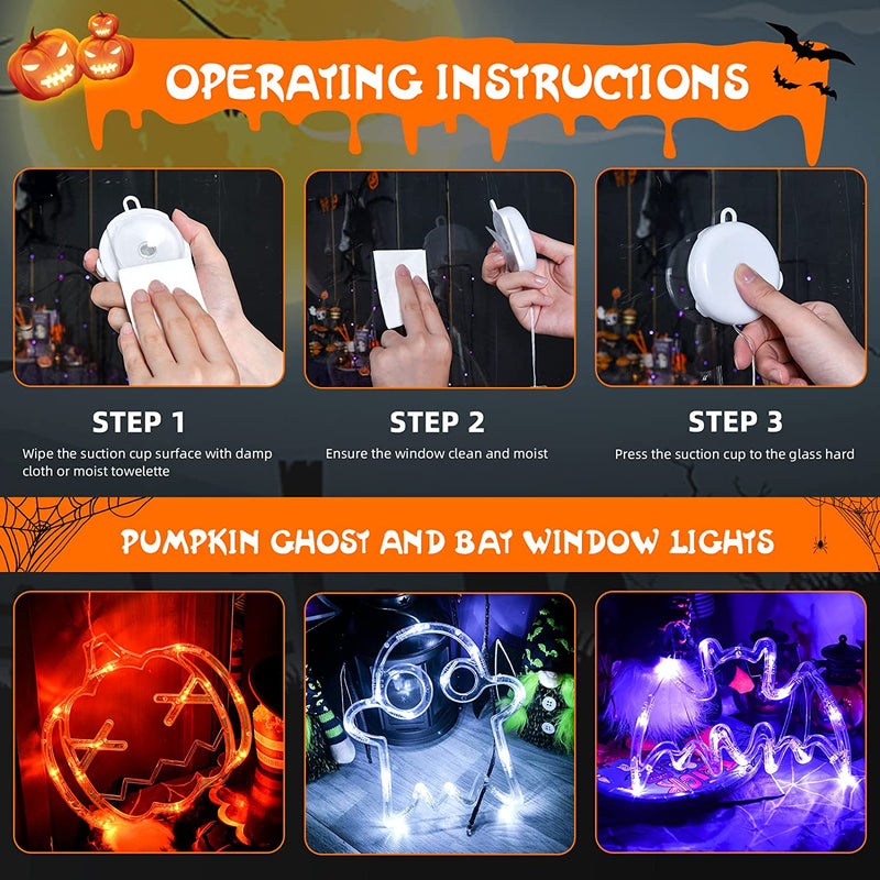 Lolstar Halloween Decorations 3 Pack Orange Pumpkin, White Ghost, Purple Bat Halloween Window Lights with Suction Cup, Battery Operated Halloween Lights, 2023 Upgrade Slow Fade Mode and Timer Function