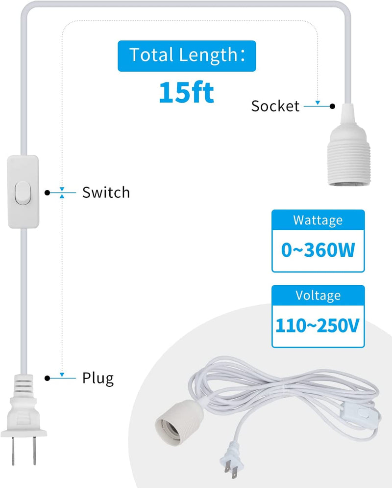 HESSION 15.6Ft Plug in Pendant Light, 2-Pack Light Sockets Extension Cord, White Hanging Light Cord E26/E27 Latern Pendant Light Fixtures with On/Off Switch