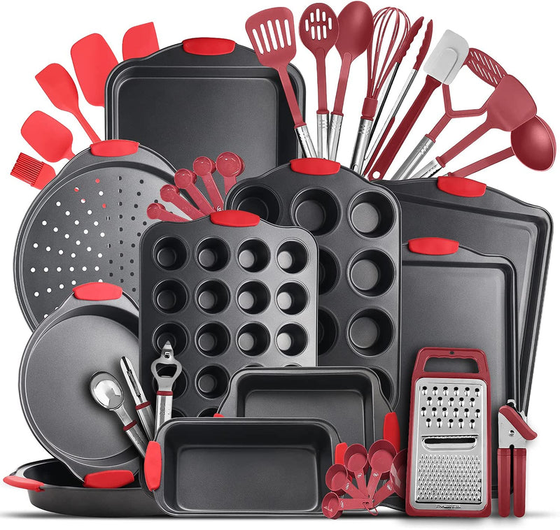 Eatex Nonstick Bakeware Sets with Baking Pans Set, 39 Piece Baking Set with Muffin Pan, Cake Pan & Cookie Sheets for Baking Nonstick Set, Steel Baking Sheets for Oven with Kitchen Utensils Set - Black Home & Garden > Kitchen & Dining > Cookware & Bakeware EatEx 39 PC - Black & Red Utensils  