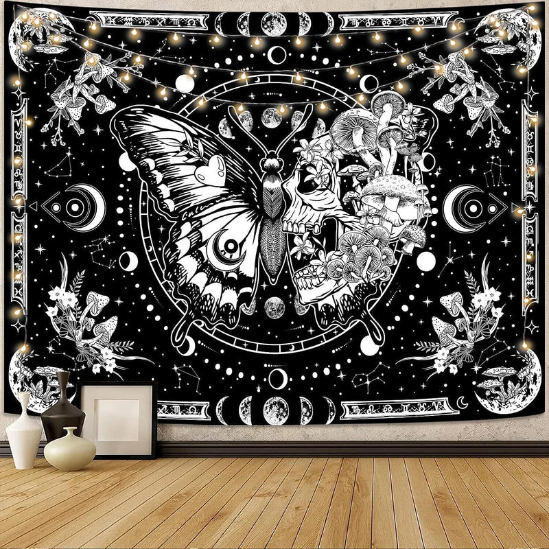 Fungarth Skeleton Butterfly Tapestry Skull Botanical Moon Flower Mushroom Tapestry Bedroom Hippie Pink Plant Aesthetic Tapestries Wall Hanging for Living Room Dorm (Pink, 60” X 44”)  Fungarth Black 60.00” X 80.00” 