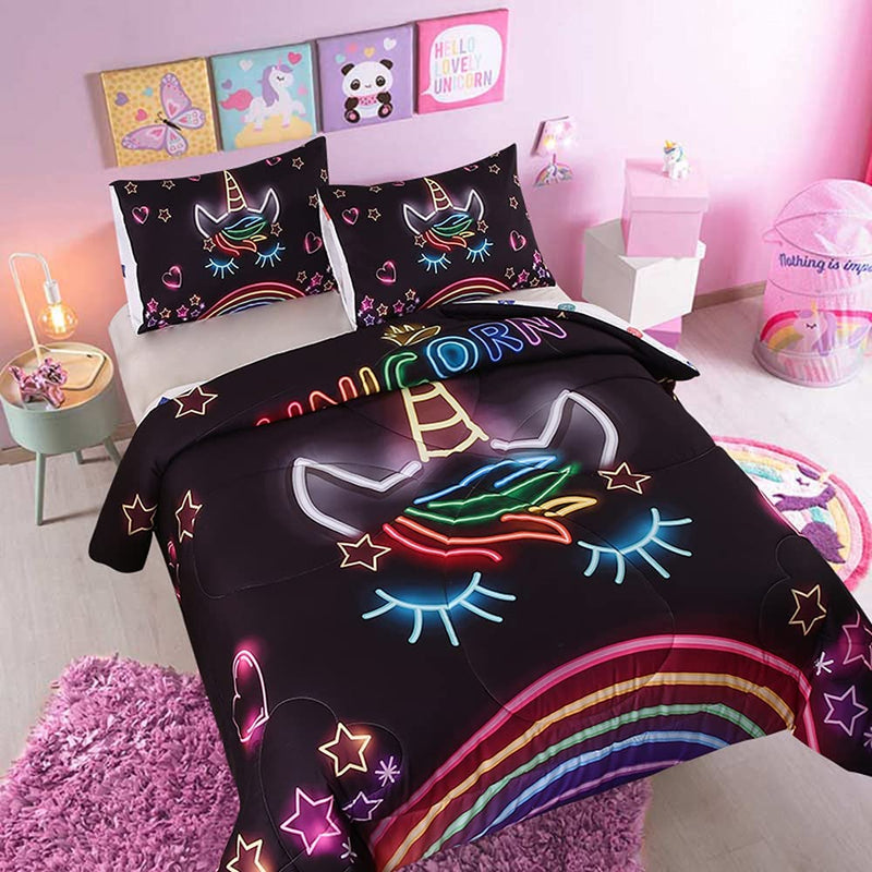 Oecpkd Cute Unicorn Comforter Sets 3Pc Pink Flower Girl Colorful Unicorn Bedding Sets Soft Girls Unicorn Rainbow Comforter Sets Home & Garden > Linens & Bedding > Bedding Oecpkd Black6 Twin 