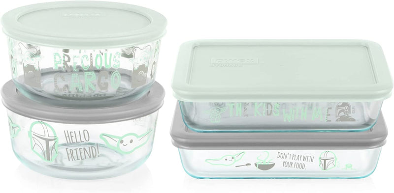 Pyrex 8-Pc Glass Food Storage Container Set, 4-Cup & 3-Cup Decorated round and Rectangle Meal Prep Containers, Non-Toxic, Bpa-Free Lids, Colorful, Disney'S Star Wars Home & Garden > Household Supplies > Storage & Organization Pyrex Star Wars The Child - Hello Friend  