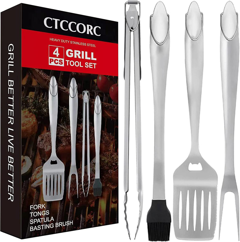 CTCCORC Grill Tool Set, BBQ 4PCS Barbecue Tool Sets with Durable Spatula, Fork, Tongs, Basting Brush, Heavy Duty Stainless Steel Camping Grilling Tools Outdoor Cooking Tools Accessories