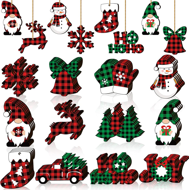 Spiareal Christmas Wooden Decor Christmas Wooden Snowflake Gnome Snowman Hanging Signs Ornaments Christmas Tree Decoration Signs Wood with Rope for Xmas Party ( Vintage Style, 24 Pieces)  Spiareal Plaid Style 48 