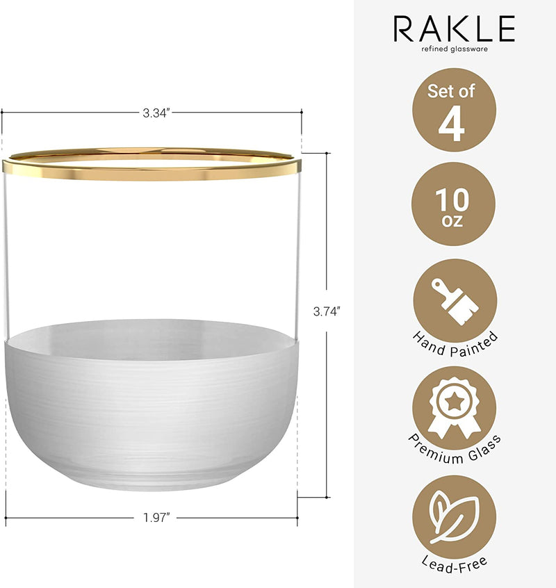 Rakle Drinking Glass Set of 4 – 10 Oz Hand Painted Glassware Sets – Deluxe Bourbon Glass for Whiskey, Cocktails, Wine – Premium Glass Material – Half Matte with Gold Rim – Ideal for Home, Bar, Events Home & Garden > Kitchen & Dining > Tableware > Drinkware RAKLE   
