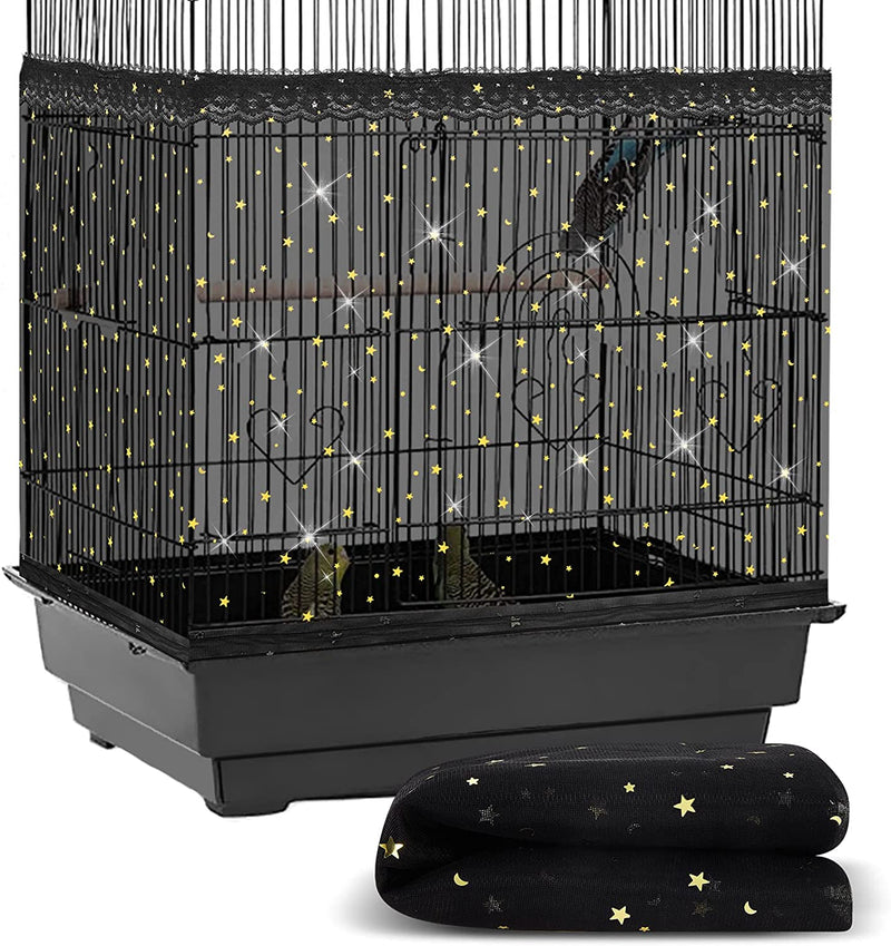 Large Bird Cage Cover Birdcage Nylon Mesh Net Cover Seed Feather Catcher Twinkle Star Universal Birdcage Cover Bird Seed Guard Skirt for Parakeet Macaw African round Square Cage (Black, L)