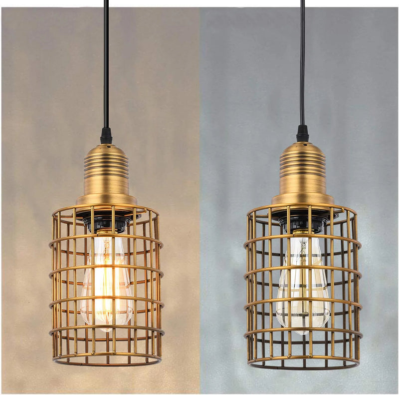 Topotdor Pendant Light with Plug in Cord 2 Pack,Vintage Adjustable Industrial Hanging Cage Lighting E26 Edison Plug in Light Fixture On/Off Switch (Gold)