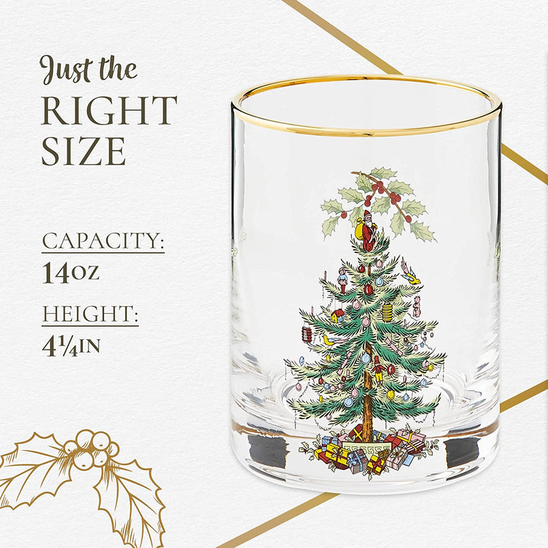 Spode Christmas Tree Glass, Double Old Fashion (DOF) Glasses, Gold Rimmed, 14-Ounce,Classic Holiday Design, Serve Whiskey, Creamy Eggnog or Other Beverages-Set of 4 Home & Garden > Kitchen & Dining > Tableware > Drinkware Spode   