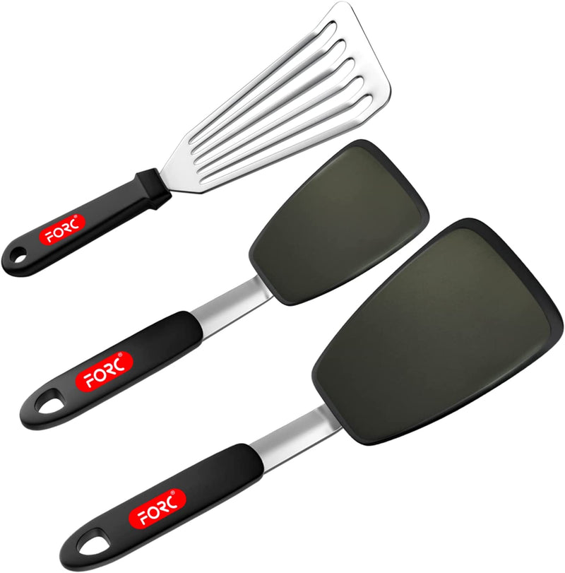 Silicone Spatula, Forc 3 Pack 600°F Heat Resistant BPA Free Nonstick Cookware Dishwasher Safe Flexible Sturdy Nonporous Spatula Set, Rubber Spatula for Flipping Eggs, Steak, Burgers, Crepes,Black