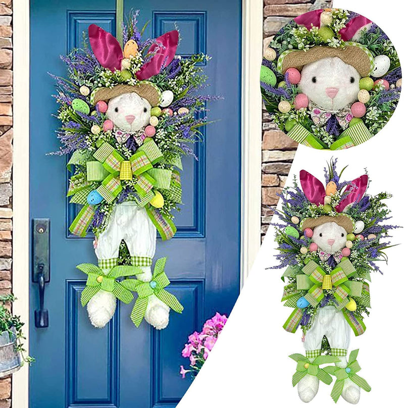Egedalak 19.7 Inch Easter Bunny Wreath Spring Decoration, Easter Wreath Front Door Wall Window Decor, Handmade Rabbit Flower Garland Home Farmhouse Decorations