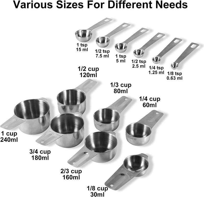 Measuring Cups, Measuring Spoons 18/8 Stainless Steel Durable Stackable with Ring Connector Engraving Scale Kitchen Baking Cooking Measurement Weighing Tool（14 Piece）