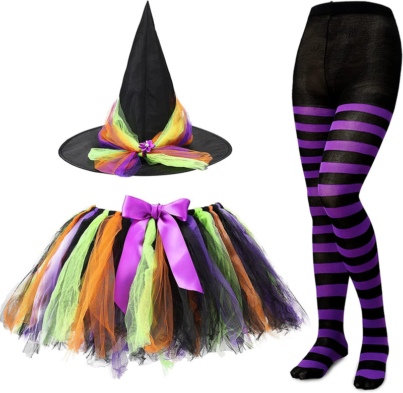 SATINIOR Halloween Witch Costume for Women Hat Tutu Skirt and Striped Tights for Girls  SATINIOR Rainbow Colors  