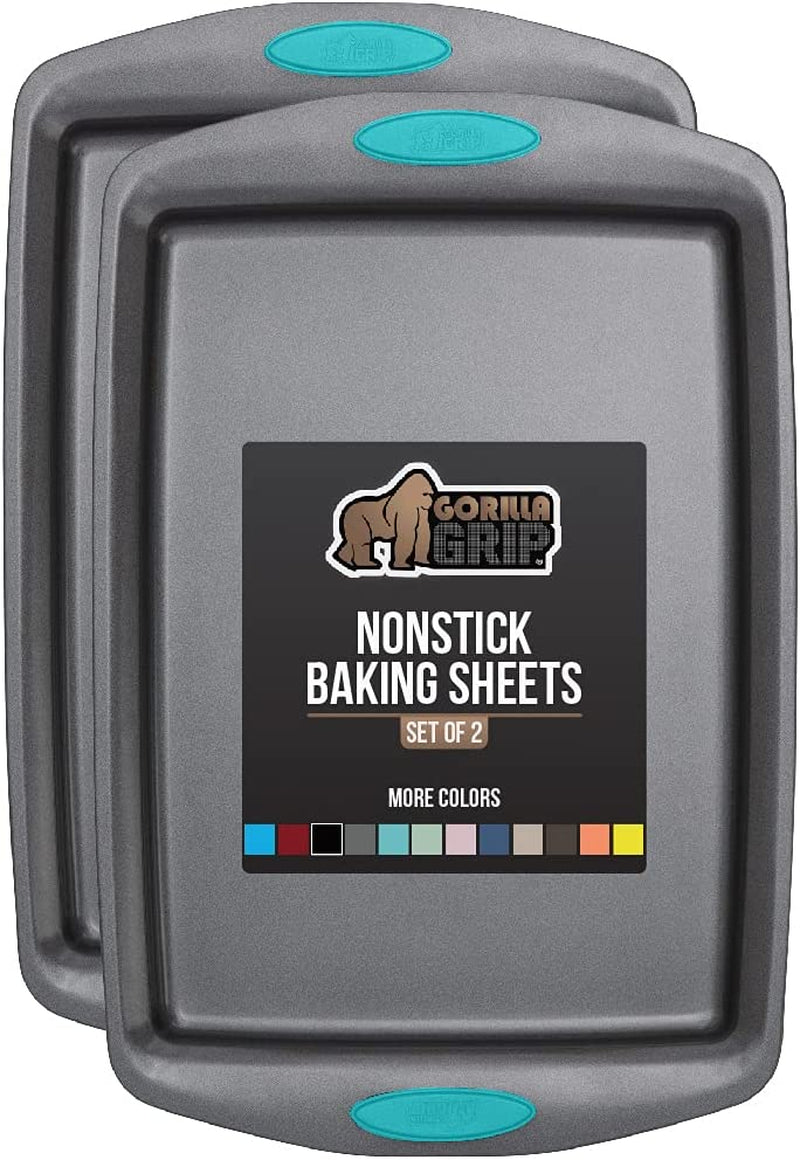 Gorilla Grip Durable Non Stick Cookie Baking Sheets, Set of 2, No Bending or Warping, Perfect for One-Pan Meals, Easy Clean Up, Cooking Tray, Better Grip with Silicone Handles, 17.3X11.75 Inch, Black Home & Garden > Kitchen & Dining > Cookware & Bakeware Hills Point Industries, LLC Turquoise Cookie Sheets Set of 2