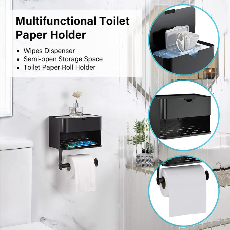 Toilet Paper Holder with Shelf - HYSEYY Double-Layer Toilet Paper Holder for Bathroom Wipes Dispenser and Storage, Wall Mounted Toilet Paper Holder with Storage, Black, Large Home & Garden > Household Supplies > Storage & Organization HYSEYY   