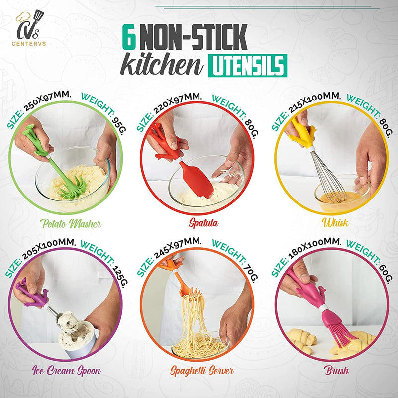 Kitchen Utensils Set in Human-Shape– 6 Pcs Cute Kitchen Accessories, Cooking Gadgets, Funny Christmas Gift, Silicone Spatula, Potato Masher, Whisk, Ice Cream Scoop, Basting Brush, & Pasta Fork