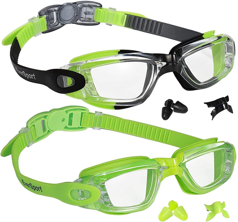 Kids Swim Goggles, Pack of 2 Swimming Goggles for Children Teens, Anti-Fog Anti-Uv Youth Swim Glasses Leak Proof for Age4-16 Sporting Goods > Outdoor Recreation > Boating & Water Sports > Swimming > Swim Goggles & Masks EverSport Green/Black & Green  