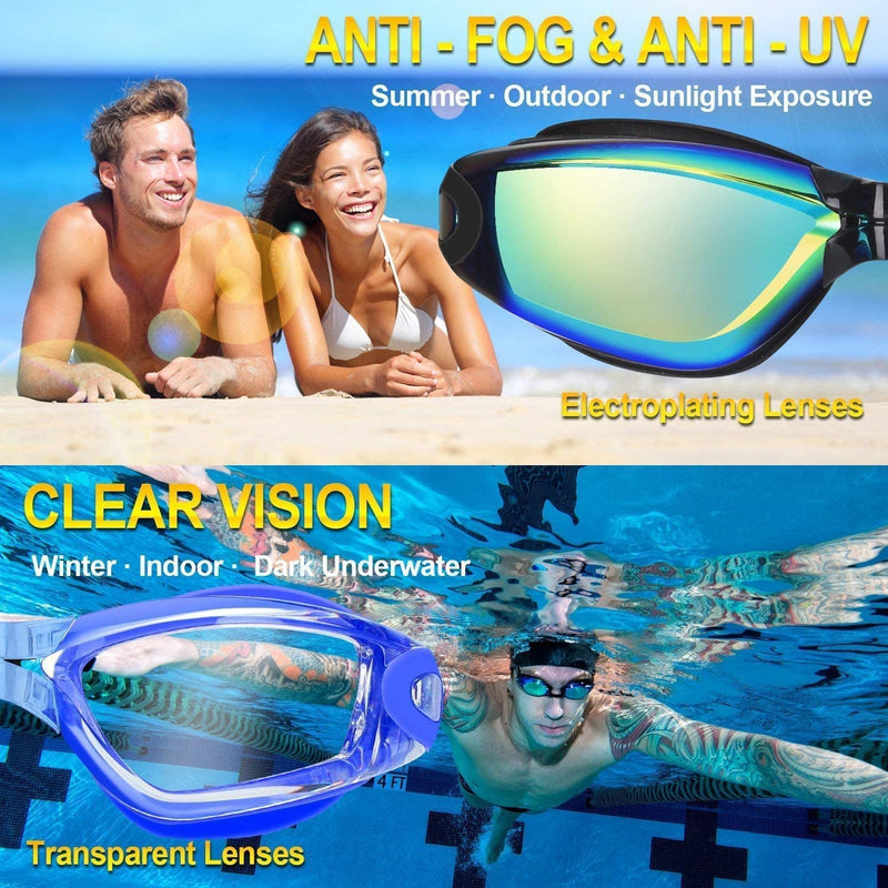 Elimoons Swim Goggles for Men Women, Swimming Goggles anti Fog UV Protection, 2 Pack