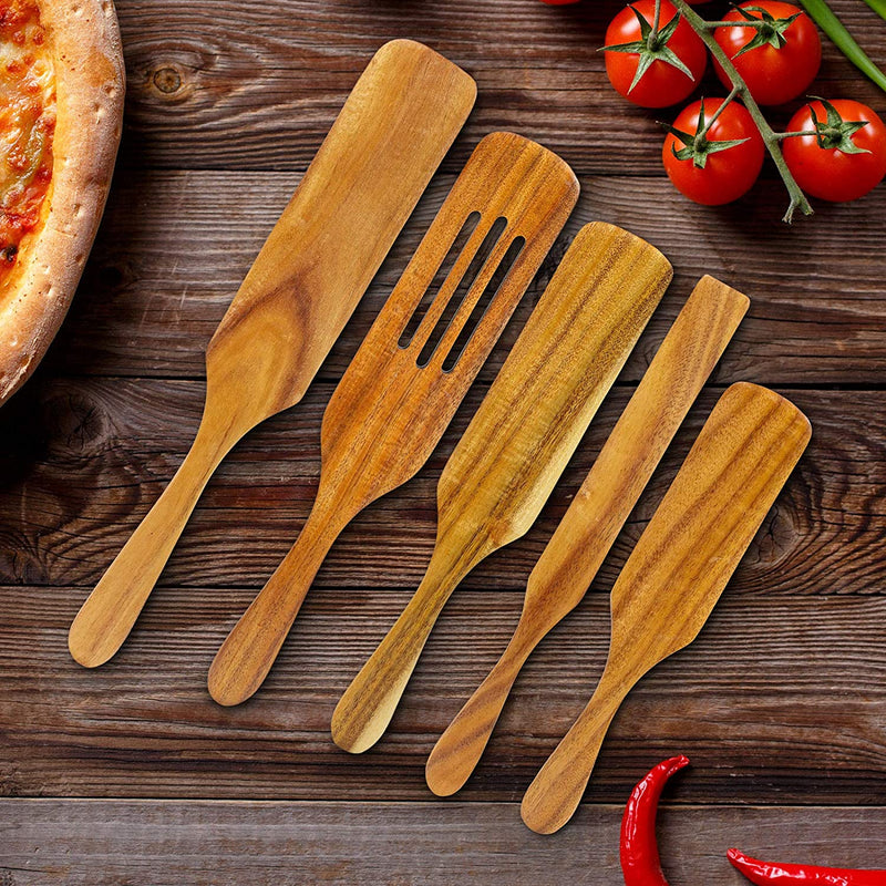 ORYOUGO Set of 5 Wooden Cooking Utensils with Long Handle Natural Acacia Wood Spurtles Spatula Square Head Scraper Kitchen Tool Non-Stick Cookware