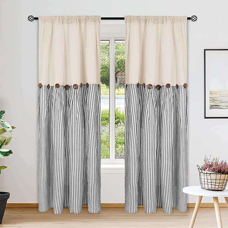 Cotton Linen Farmhouse Curtains Boho Rustic Button Curtains Natural and Dark Grey Stripe Color Block Curtain Rod Pocket & Back Tab Window Drapes for Bedroom Living Room(52 X 84 Inch, 2 Panels) Home & Garden > Decor > Window Treatments > Curtains & Drapes BLEUM CADE Dark Grey Stripe W52 x L84 