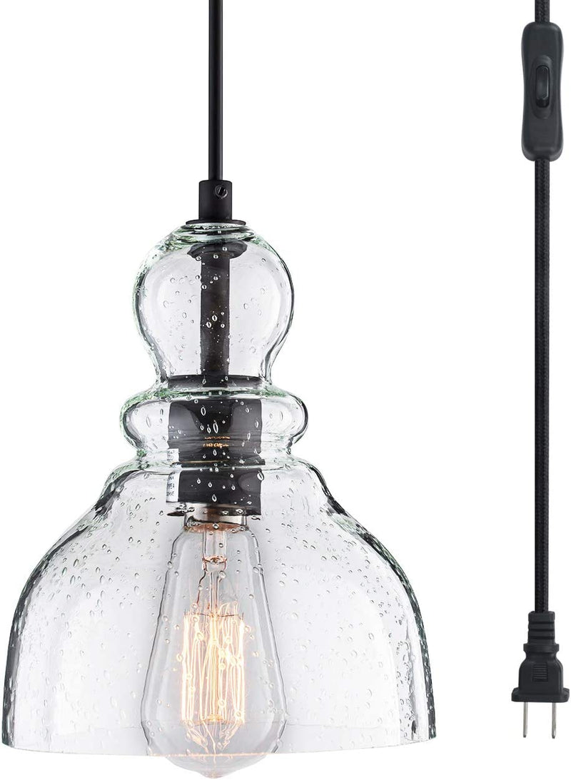 LANROS Swag Lights with 15.7 Ft Plug-In Cord and On/Off Switch, Handblown Clear Seeded Glass Shade Pendant Light for Bedroom Study Kitchen Sink Livingroom, Black, 7Inch, 1-Pack Home & Garden > Lighting > Lighting Fixtures DONGLAIMEI Black  