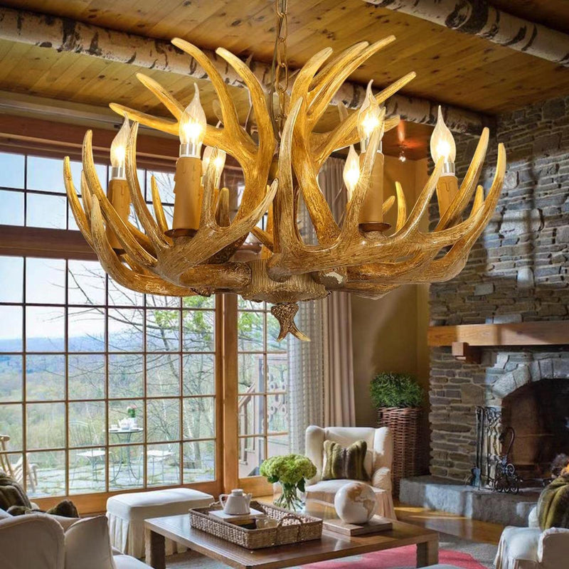 Antler Chandelier, Deer Horn Chandelier 8 Light, Double Layer Retro Farmhouse Antler Light Fixtures with E12 Base for Dining Room Kitchen, Cafe, Store Home & Garden > Lighting > Lighting Fixtures > Chandeliers AUNLPB 6 Lights+9 Arms  