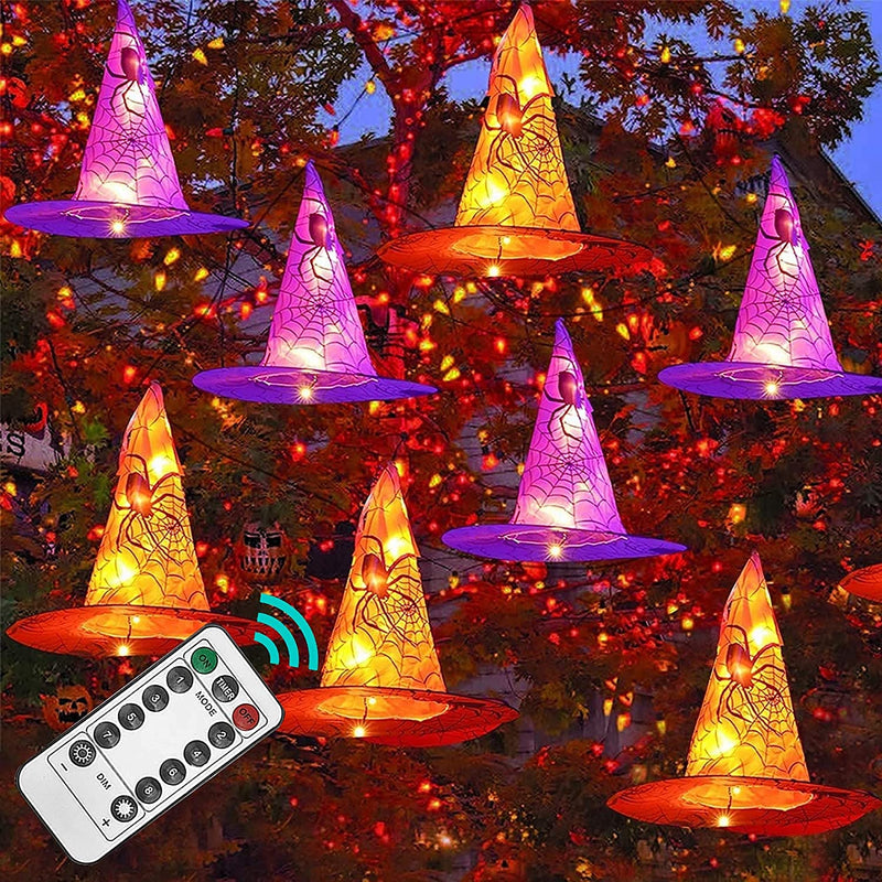 Funpeny Halloween Decoration Lights, 8 PCS Waterproof Hanging Witch Hat with String Lights with Remote, Hanging Halloween Decorations for Indoor Outdoor Garden Yard Party Decor  Funpeny   