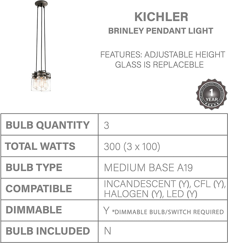 KICHLER Brinley 7.75" 3 Light Pendant with Clear Glass Olde Bronze®