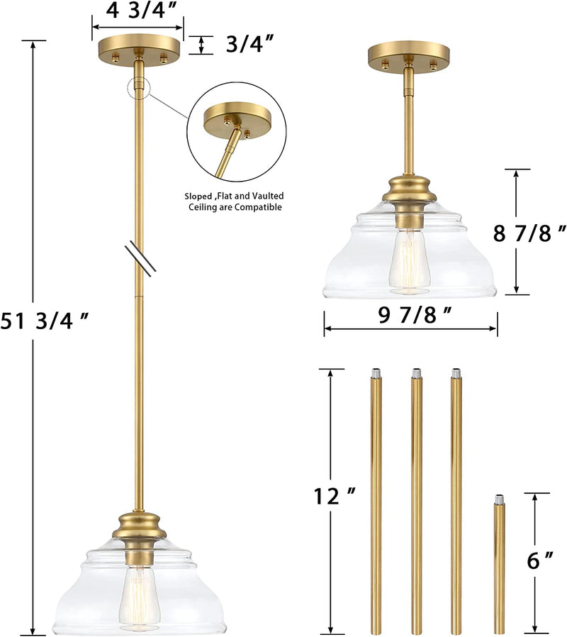 MEXO Industrial Pendant Lighting Fixture Clear Glass Shade Pendant Farmhouse 10" Close to Ceiling Lights Brushed Gold Hanging Chandelier for Hallway Bedroom, Kitchen Entryway Home & Garden > Lighting > Lighting Fixtures Mexo   