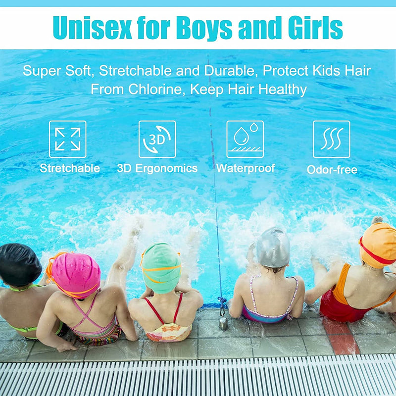 2 Pack Kids Swim Caps for Boys Girls, Durable Silicone Swimming Cap with 3D Ear Pockets for Age 3-15 Toddler Child Youth Teen, Unisex Swim Bath Hats for Short/Long Hair with Ear Plugs Nose Clip Sporting Goods > Outdoor Recreation > Boating & Water Sports > Swimming > Swim Caps Alepo   