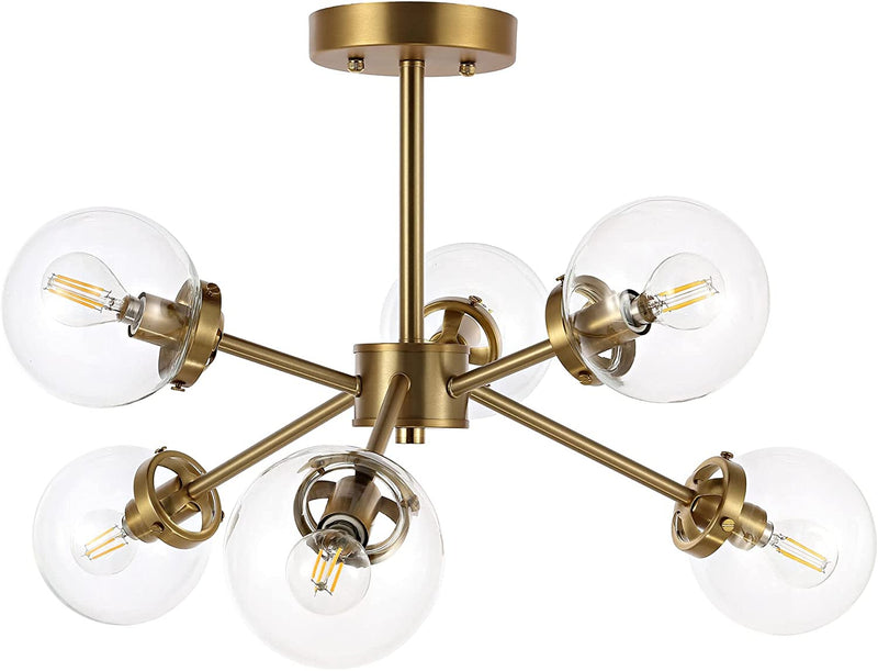 WINGBO 6-Light Modern Chandelier, Sputnik Pedant Light Fixture with Large Opal White Glass Globe Shade for Flat and Slop Ceiling, Height Adjustable for Kitchen Living Room Dining Room Bedroom, Gold Home & Garden > Lighting > Lighting Fixtures > Chandeliers WINGBO Gold + Clear Glass 2 6-Light 