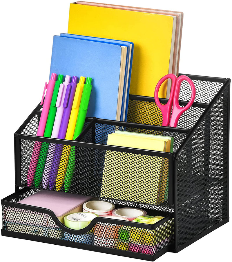 Marbrasse 3 Tier Mesh Desk Organizer with Drawer, Multi-Functional Desk Organizers and Accessories, Paper Letter Organizer with 2 Pen Holder for Home Office Supplies - Black Home & Garden > Household Supplies > Storage & Organization Marbrasse Black  