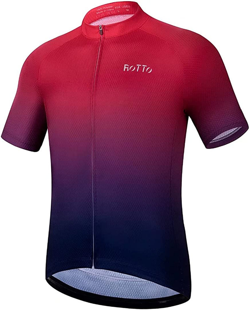 ROTTO Cycling Jersey Mens Bike Shirt Short Sleeve Gradient Color Series Sporting Goods > Outdoor Recreation > Cycling > Cycling Apparel & Accessories ROTTO C1 Red-dark Blue Large 