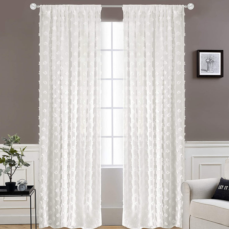 Driftaway Olivia Gray Voile Chiffon Sheer Window Curtains Embroidered with Pom Pom 2 Panels Rod Pocket 52 Inch by 96 Inch Light Gray Home & Garden > Decor > Window Treatments > Curtains & Drapes DriftAway Off White 52"x108" 