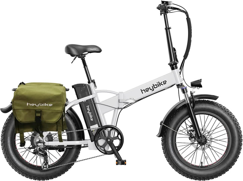 Heybike Mars Electric Bike Foldable 20" X 4.0 Fat Tire Electric Bicycle with 500W Motor, 48V 12.5AH Removable Battery and Dual Shock Absorber for Adults Sporting Goods > Outdoor Recreation > Cycling > Bicycles Heybike White With Green Saddlebag 