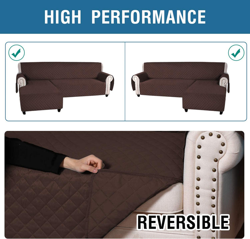 Sectional Couch Cover Waterproof L-Shaped Sofa Cover 1 Piece Reversible Couch Chaise Covers for Sectional Sofa with Elastic Straps Furniture Protector (Brown, Medium)