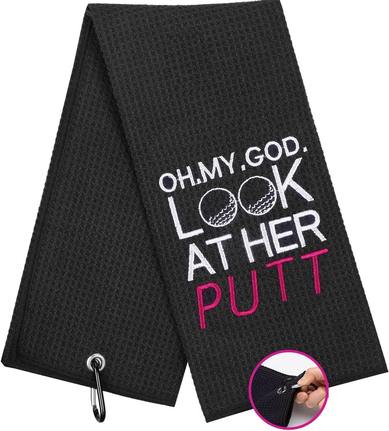 Funny Golf Towel, Oh My God Look at Her Putt - Golf Gifts for Men Women, Golf Accessories for Women, Embroidered Golf Towels for Golf Bags with Clip, Black