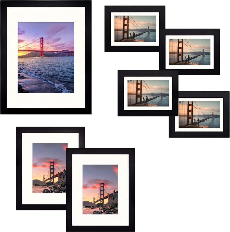 Frametory, Gallery Wall Frame Set of 7 Multiple Sizes 11X14, 8X10, 5X7 Picture Frame Collage with Ivory Color Mat for Prints, with Real Glass (Blue) Home & Garden > Decor > Picture Frames Frametory Black 7 Pack 