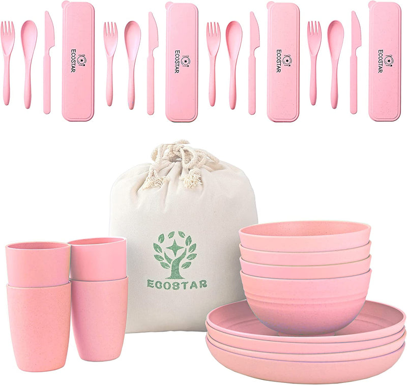 ECOSTAR Wheat Straw Dinnerware Sets - 28-Piece Unbreakable Dinnerware Set, Microwave and Dishwasher Safe - Utensil Sets, Plate and Bowl Sets for Party, Picnic, Camping, Dorm (Pink) Home & Garden > Kitchen & Dining > Tableware > Dinnerware ECOSTAR Pink  