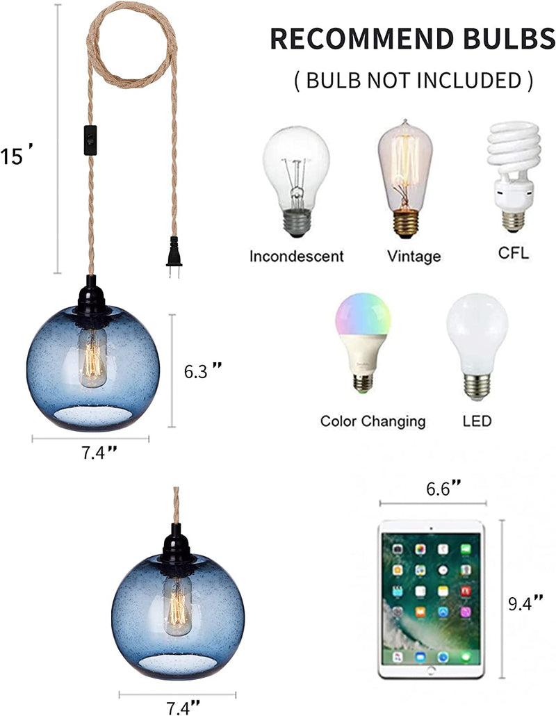 ARIAMOTION Plug in Pendant Lights with Cord Blue Glass Hanging Lighting 15 Ft Hemp Rope Seeded Bubble Globe 7.4" Diam 2-Pack Home & Garden > Lighting > Lighting Fixtures ARIAMOTION   