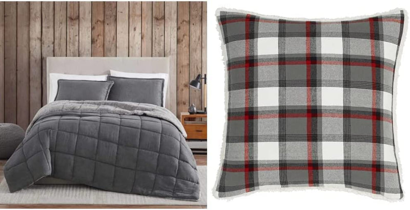 Eddie Bauer - King Comforter Set, Reversible Sherpa Bedding with Matching Shams, Cozy & Warm Home Decor (Sherwood Red, King) Home & Garden > Linens & Bedding > Bedding > Quilts & Comforters Eddie Bauer Sherwood Grey Lodge + Throw Pillows Wallace Plaid Charcoal/Red King