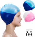 2 Pack Kids Swim Caps for Boys Girls, Durable Silicone Swimming Cap with 3D Ear Pockets for Age 3-15 Toddler Child Youth Teen, Unisex Swim Bath Hats for Short/Long Hair with Ear Plugs Nose Clip Sporting Goods > Outdoor Recreation > Boating & Water Sports > Swimming > Swim Caps Alepo Blue Age 3-8 