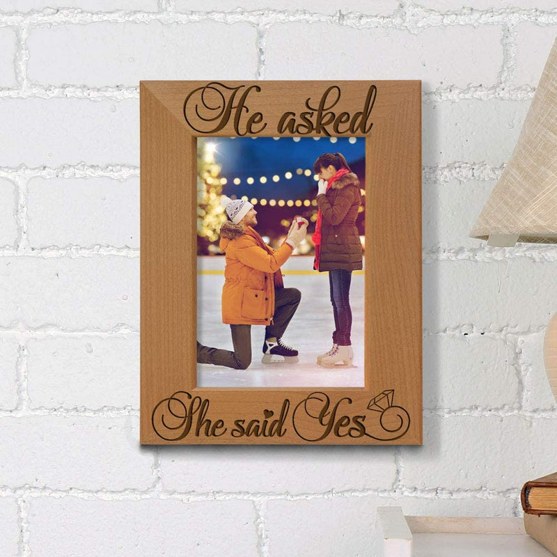 Kate Posh - He Asked, She Said Yes Engraved Natural Wood Picture Frame - Engagement Gifts, Best Friends Gifts, Valentine'S Day Gifts, Christmas Gifts, Future Mr. & Mrs. Gifts (5X7-Vertical) Home & Garden > Decor > Picture Frames KATE POSH   