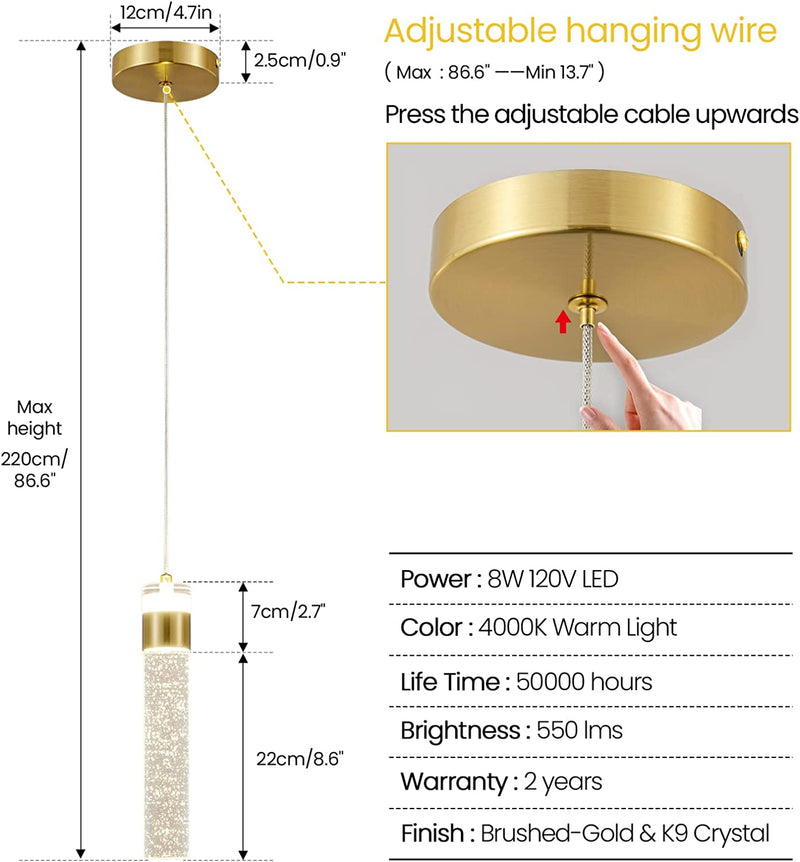 CCYCOL Gold Pendant Light Crystal Pendant Light Fixtures for Kitchen Island Lighting 4000K LED Modern Adjustable Chandelier Hanging Bubble Pendant Lighting