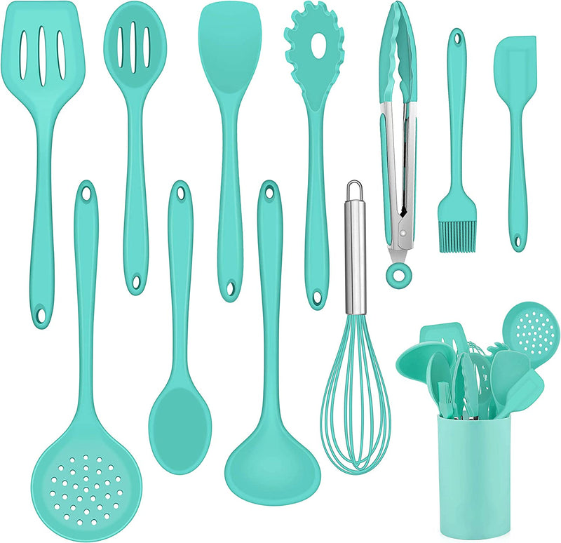 LIANYU 12-Piece Black Silicone Kitchen Cooking Utensils Set with Holder, Kitchen Tools Include Slotted Spatula Spoon Turner Ladle Tong Whisk, Dishwasher Safe Home & Garden > Kitchen & Dining > Kitchen Tools & Utensils LIANYU Green 12 
